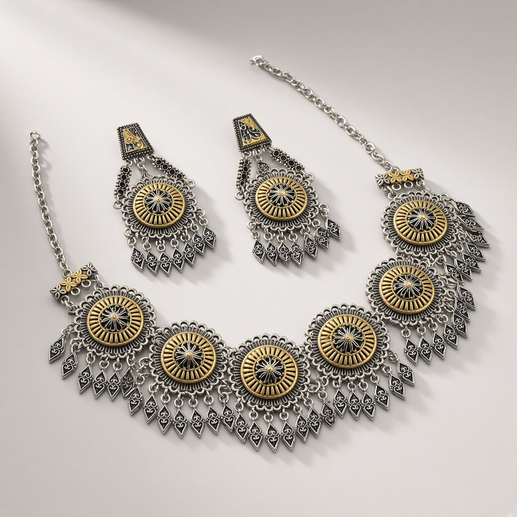 Sikka Two-Tone Medallion Necklace Set - second angle