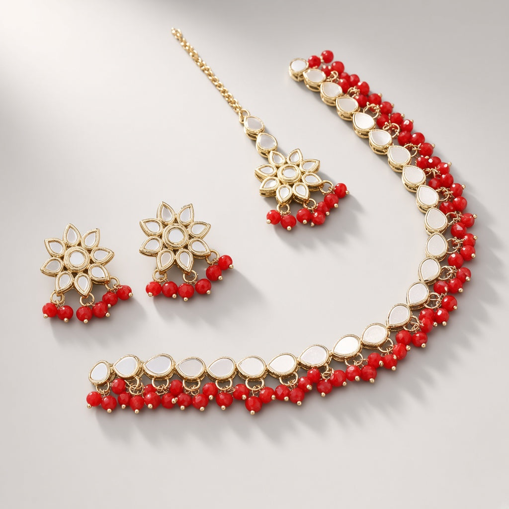 Sindoor Red Mirror Kundan Necklace Set with Maang Tikka - second angle