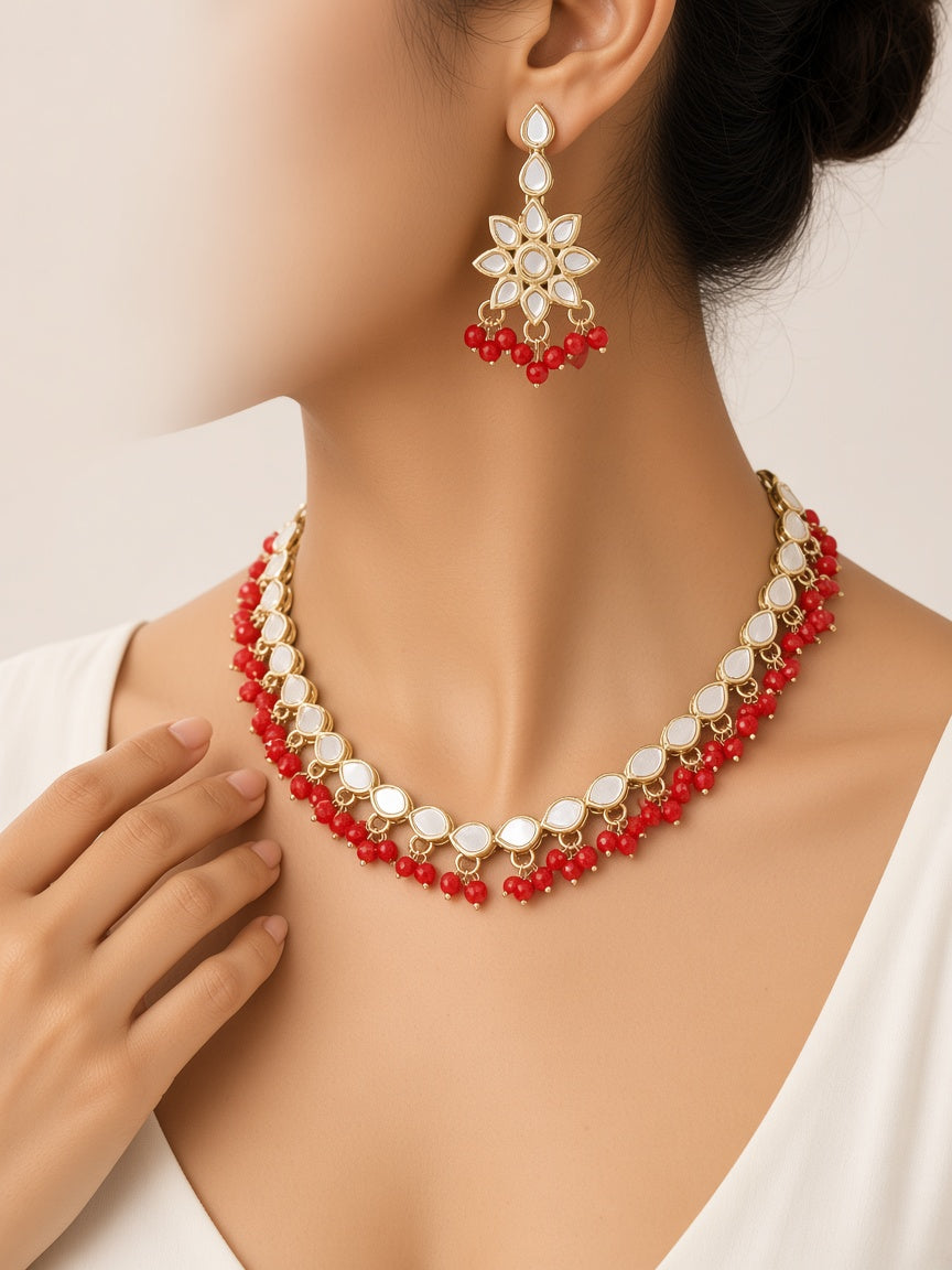 Sindoor Red Mirror Kundan Necklace Set with Maang Tikka - worn close-up (faceless model)