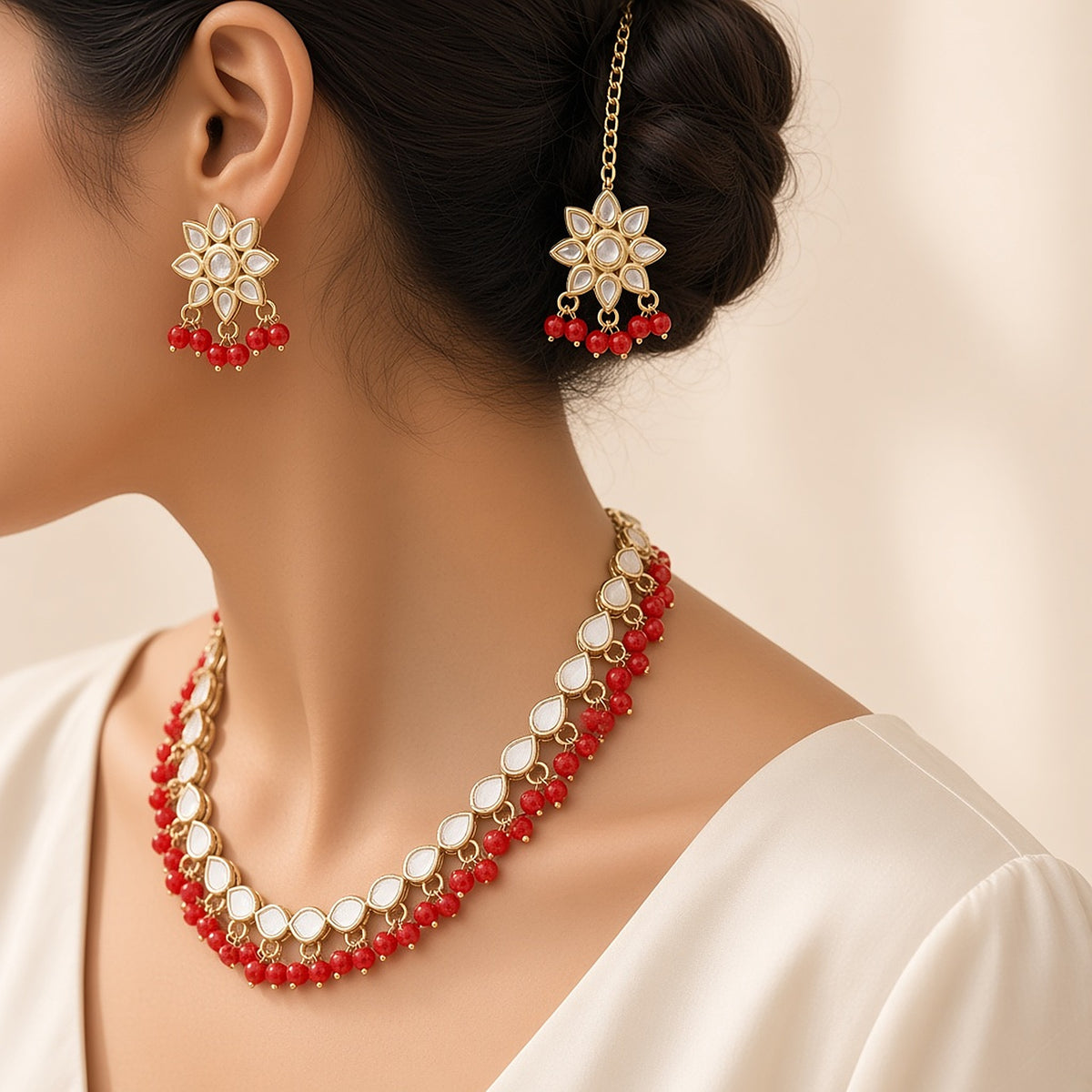 Sindoor Red Mirror Kundan Necklace Set with Maang Tikka - worn close-up (faceless model)