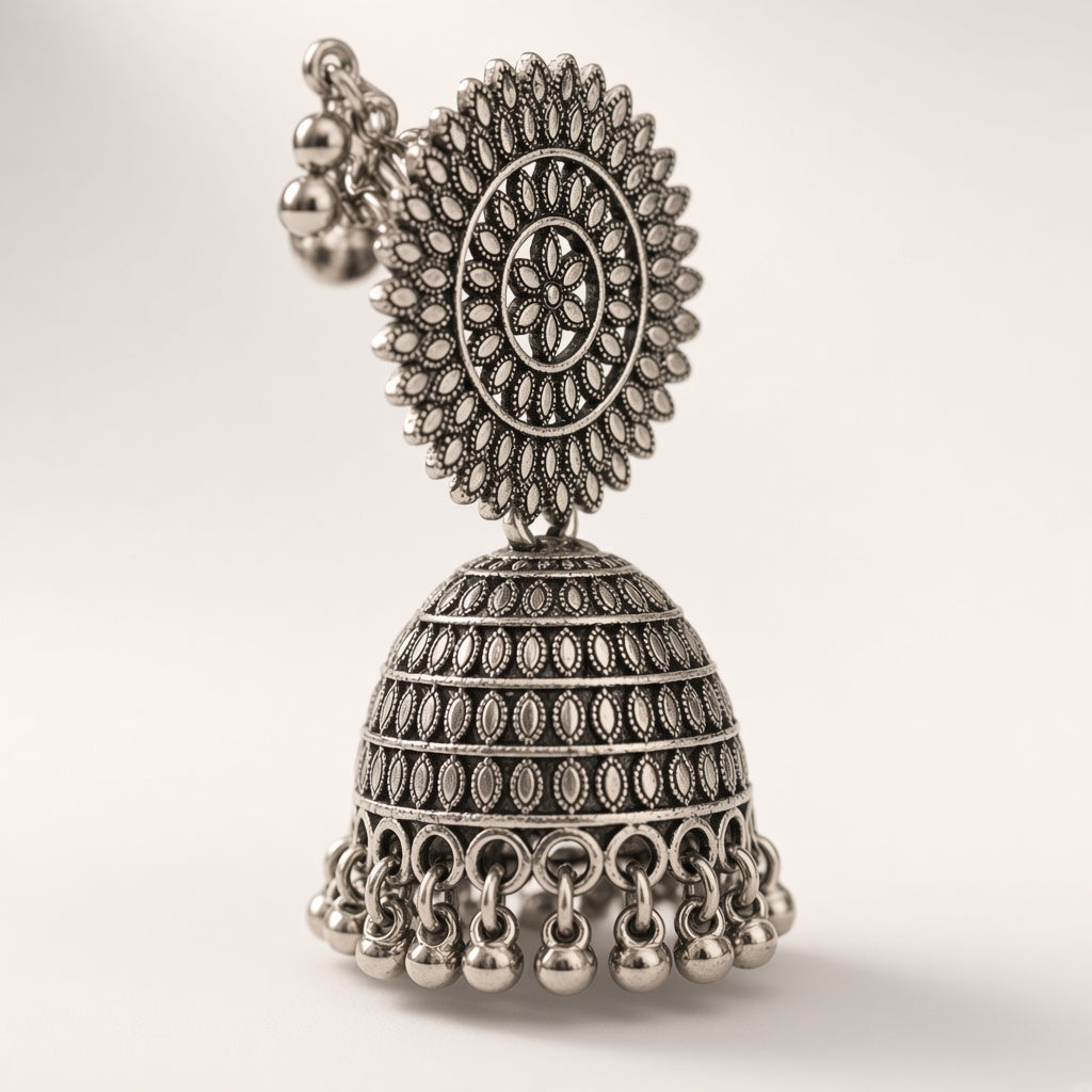 Surya jhumka close-up of the sunburst stud, domed bell and ghungroo beads