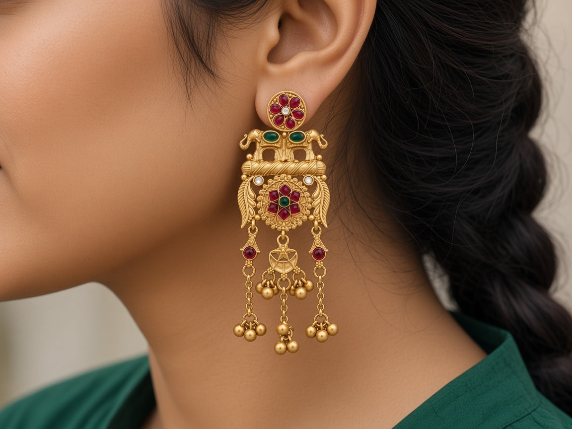 Utsav rani and green temple earring worn on the ear
