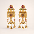 Utsav matte gold-tone temple earrings with rani-pink and green stones, twin elephants and ghungroo drops, studio shot