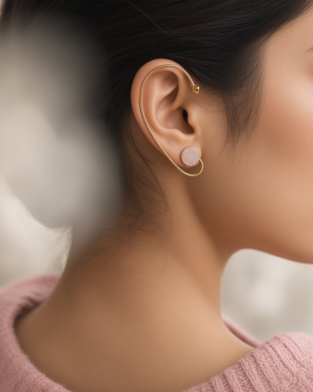 Valaya gold ear wrap with blush stone, side profile